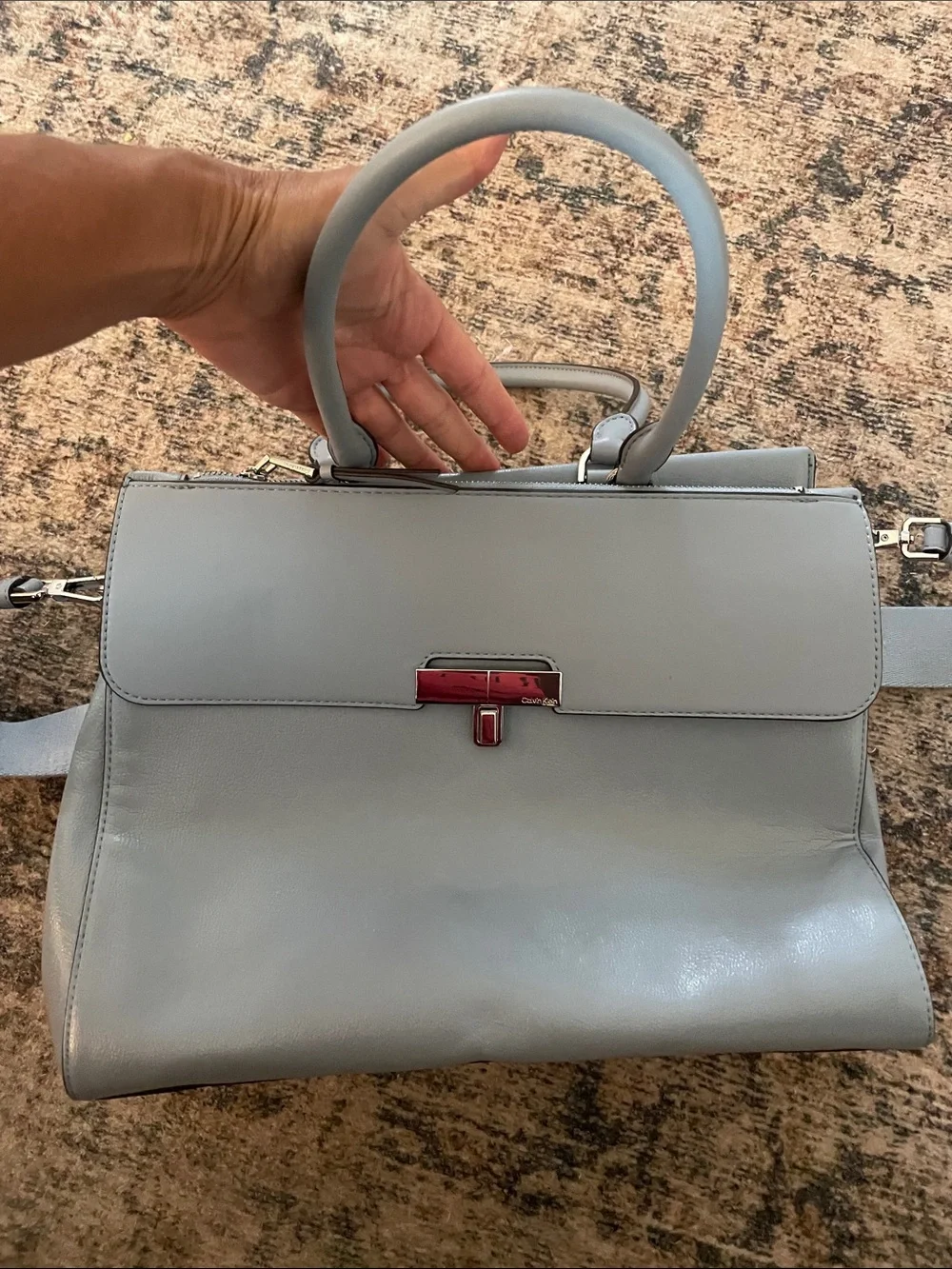 Calvin Klein Pale Gray Structured Top-Handle Satchel with Strap